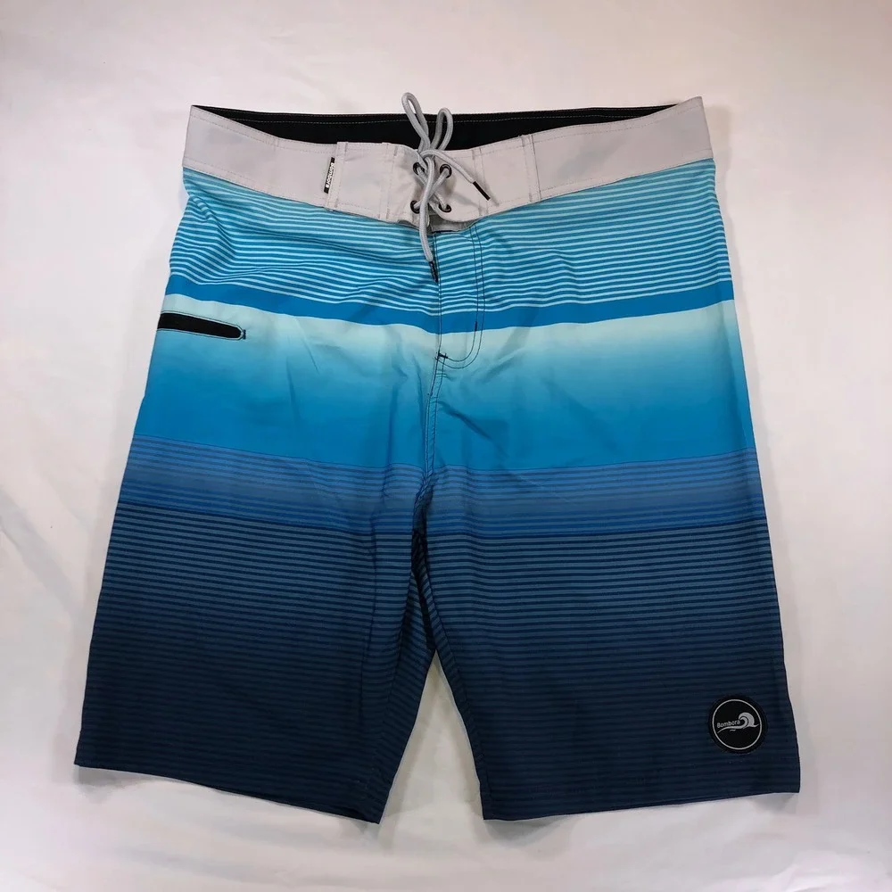 Bombora Mens XL Blue Ombre Striped Board Shorts Stretch Swim Trunks Pocket